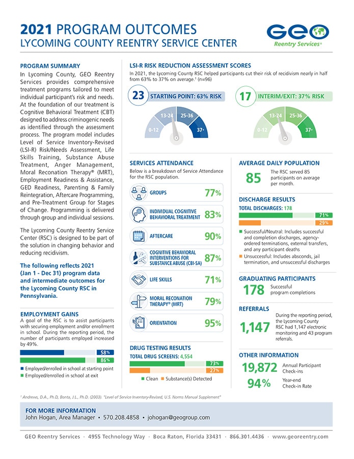GEO Reentry Lycoming County Outcomes Report found lower offender risk achieved