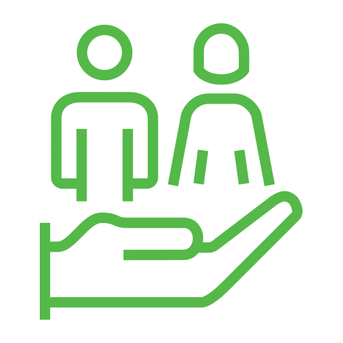 Icon of an open hand holding two figures, representing life and disability insurance coverage.