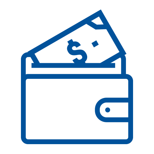 Icon of a wallet with bills sticking out, representing perks like tuition reimbursement, employee discounts, and legal support.